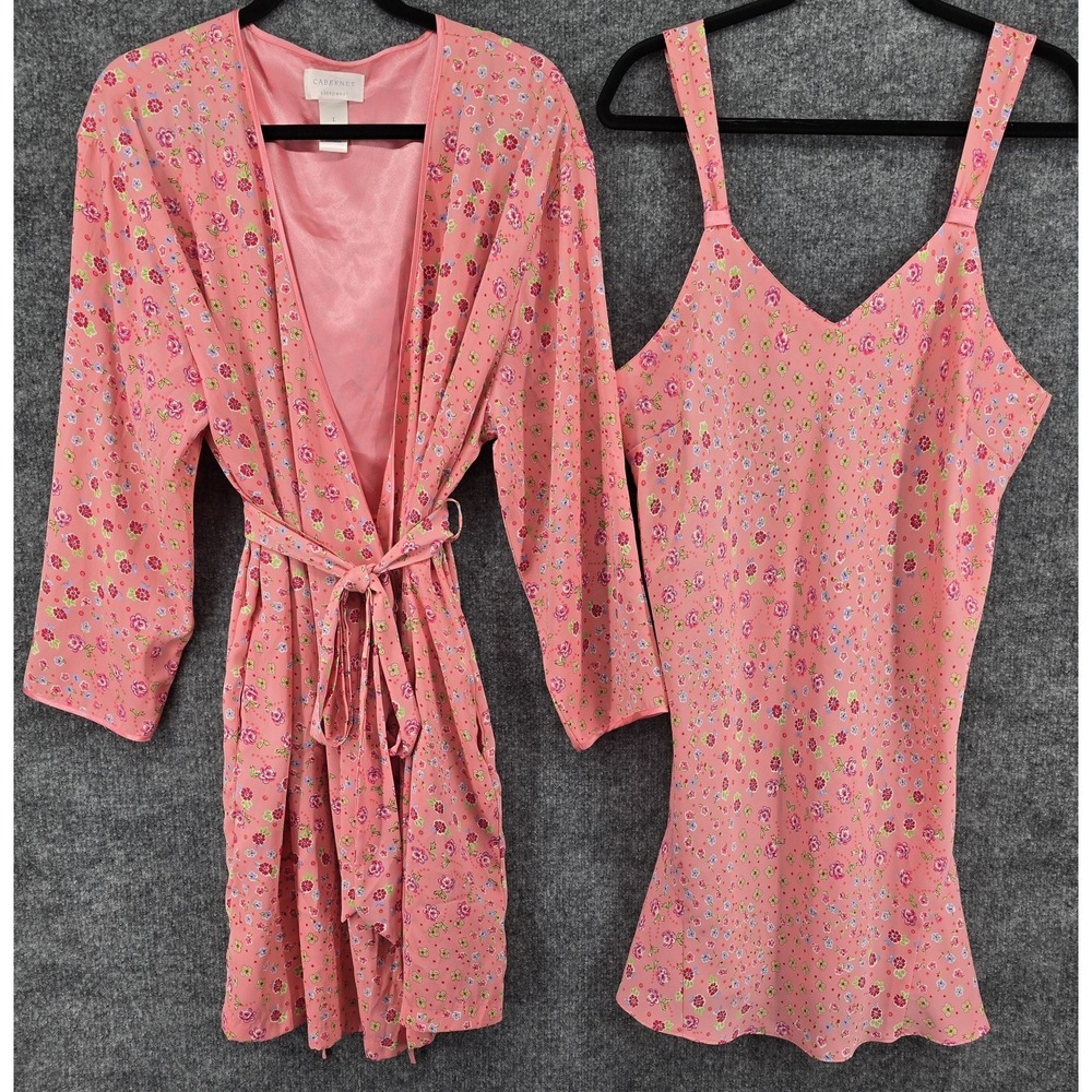 Cabernet Women's L Pink Floral 2 Piece Slip Dress / Tie Robe Set Sleepwear Satin